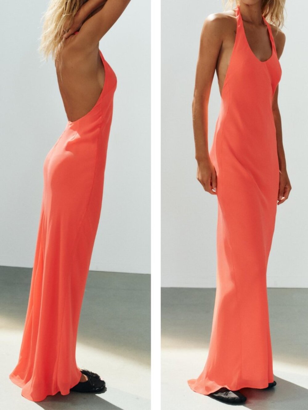 NWT | Zara | Long Halter Maxi Dress Gown | Neon Orange Pink